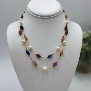 925V Quartz Topaz Sapphire Citrine Freshwater Pearl Gold Vermeil Layer Necklace